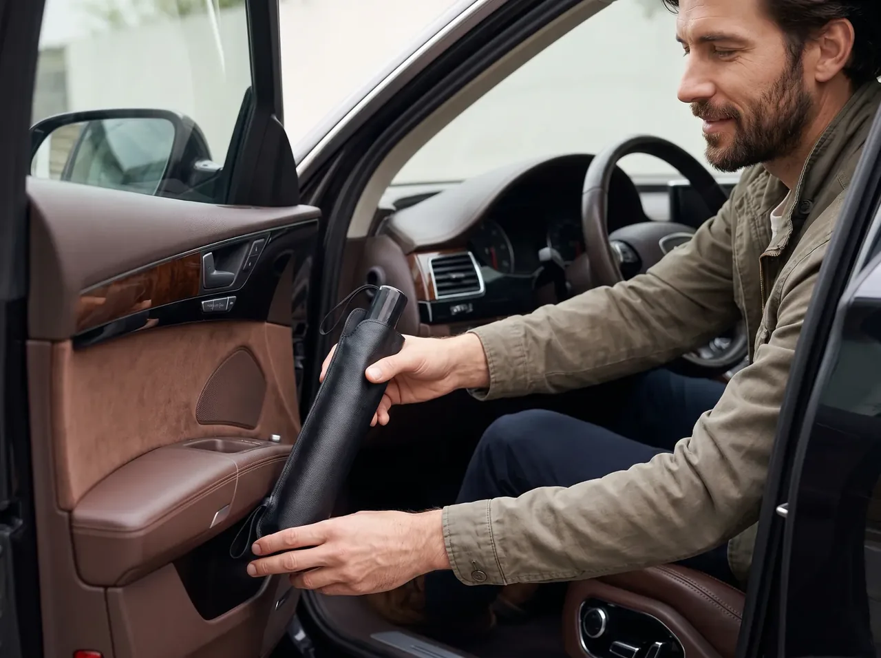 Folded windshield umbrella stored in a pouch