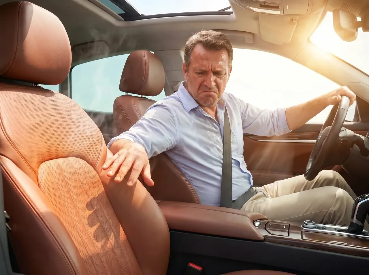 Hot car seat exposed to direct sunlight