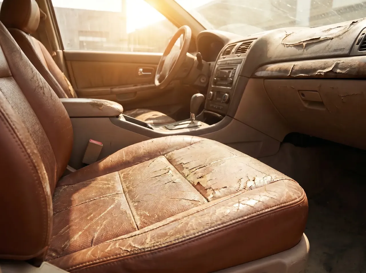 Vehicle interior showing long-term sun and heat damage